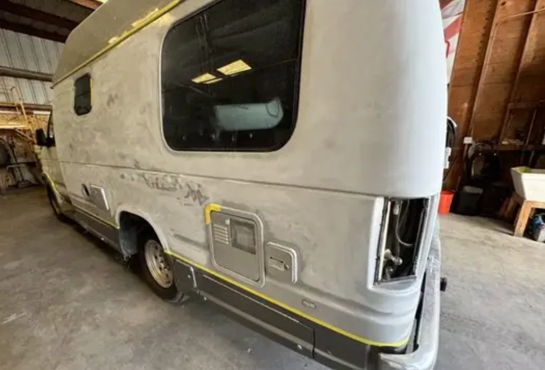Camper van inside the workshop before restoration
